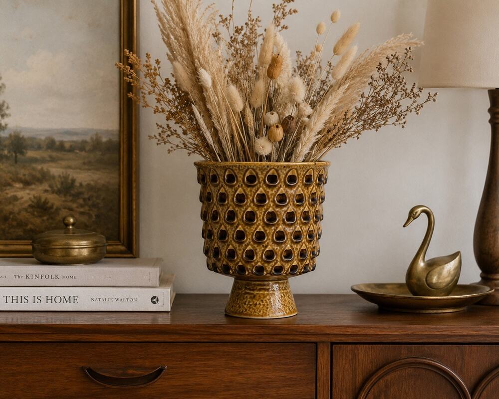 Vintage Japanese Pedestal Vase Brown Textured Ceramic Planter Mid Century Decor